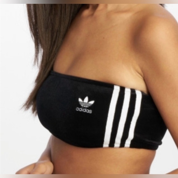 Adidas Originals Bandeau Top Women Black Velour‎ Tube 3 Stripe Y2K Strapless Lrg - Picture 3 of 7